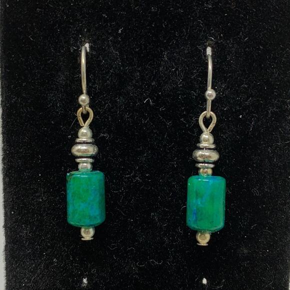 Vintage Silver Tone Green Blue Bead Dangle Drop Earrings - Picture 1 of 3